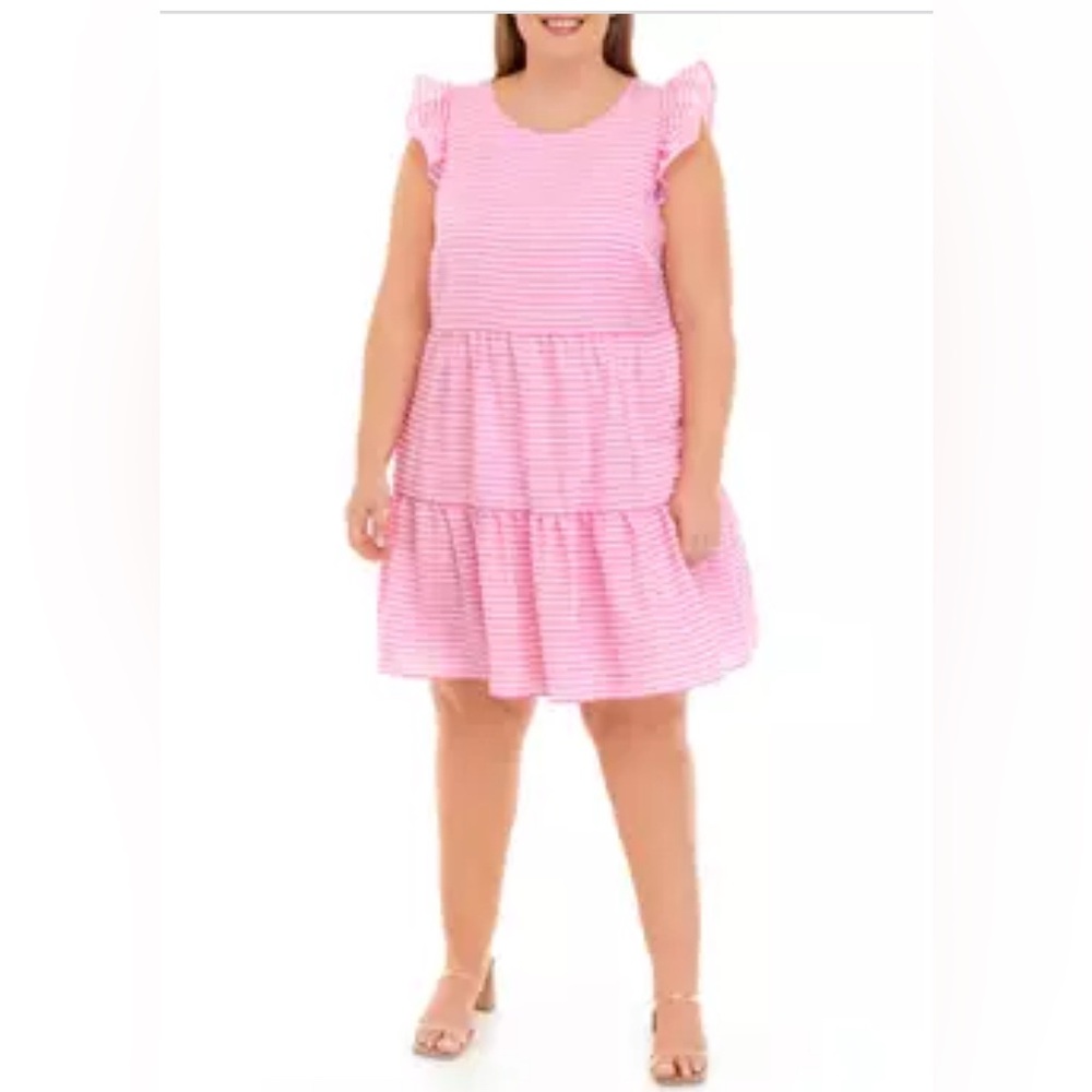 Jessica Howard Plus Size Seersucker Flutter Sleeve Tiered Babydoll Dress